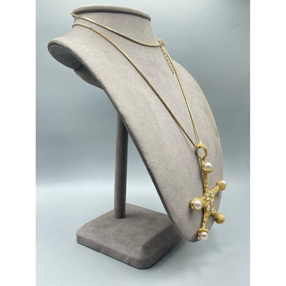 Vintage Signed CRAFT Seastar Necklace Starfish Gold Tone w Pearls & Rhinestones - Picture 12 of 15